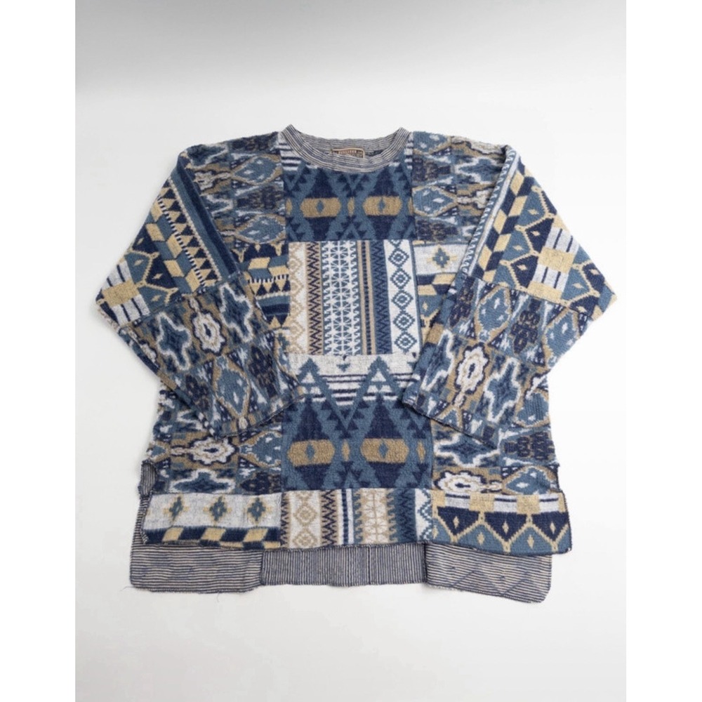 Vintage 90s Express EXP Sweater Mens M Geometric Patchwork Grandpa Coogi Style